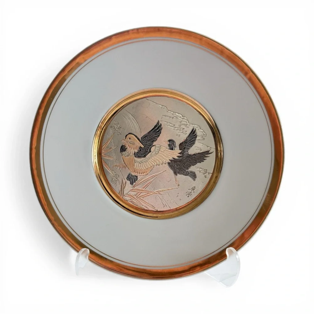 Made in Japan The Art Of Chokin Plate Set Floral Birds 8 in 24k Gold